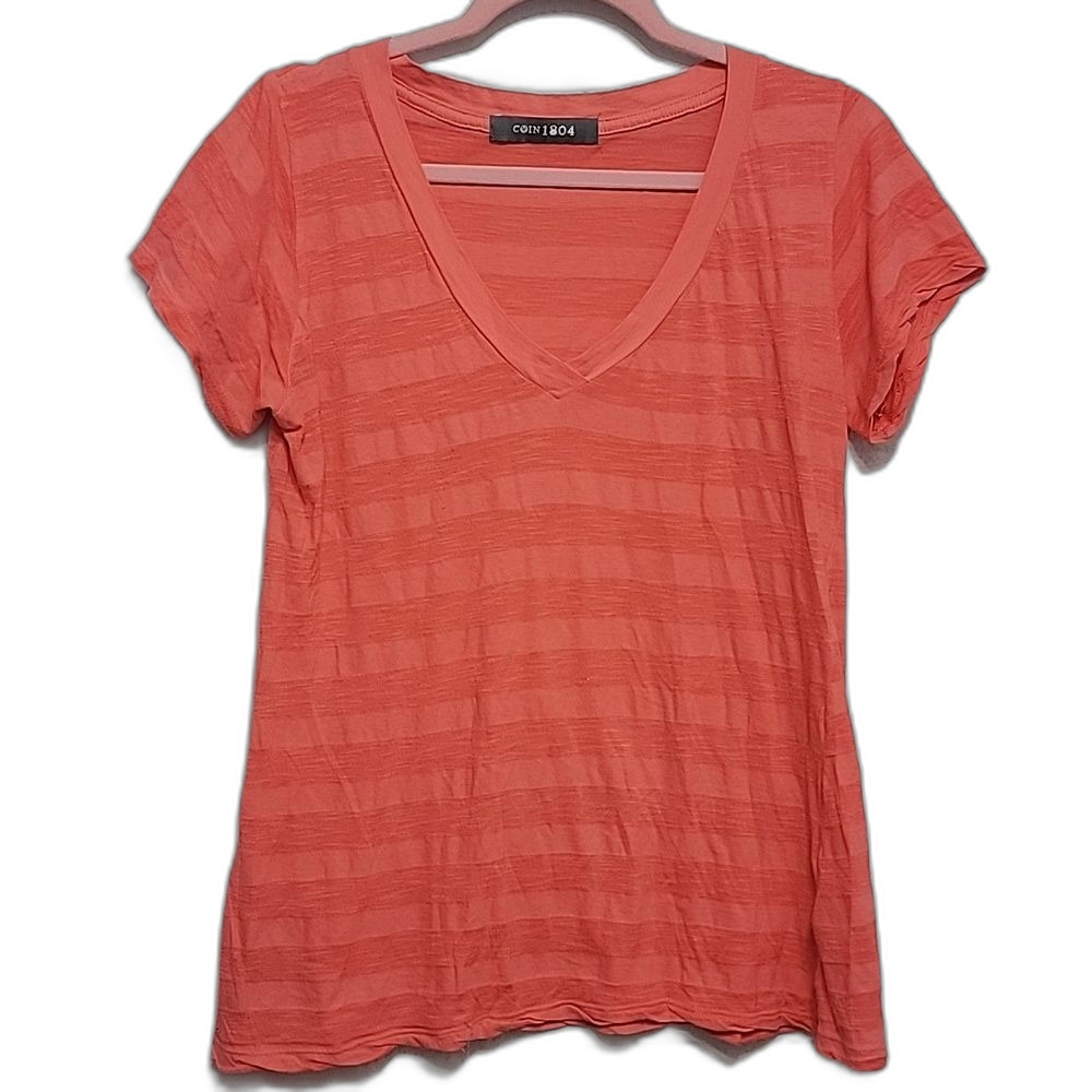 Coin 1804 Colorful Summer Striped V-Neck Short Sleeve Tee Pink Orange Size S Y2K